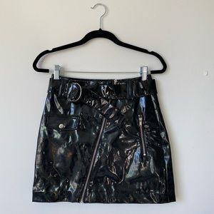 Black Patent Leather Full Zip Mini Skirt with Belt